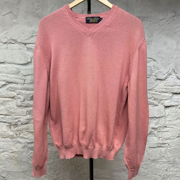 Vintage Brooks Brothers Pink Sweater Mens Large 100% Cotton V Neck Pullover - Picture 1 of 6